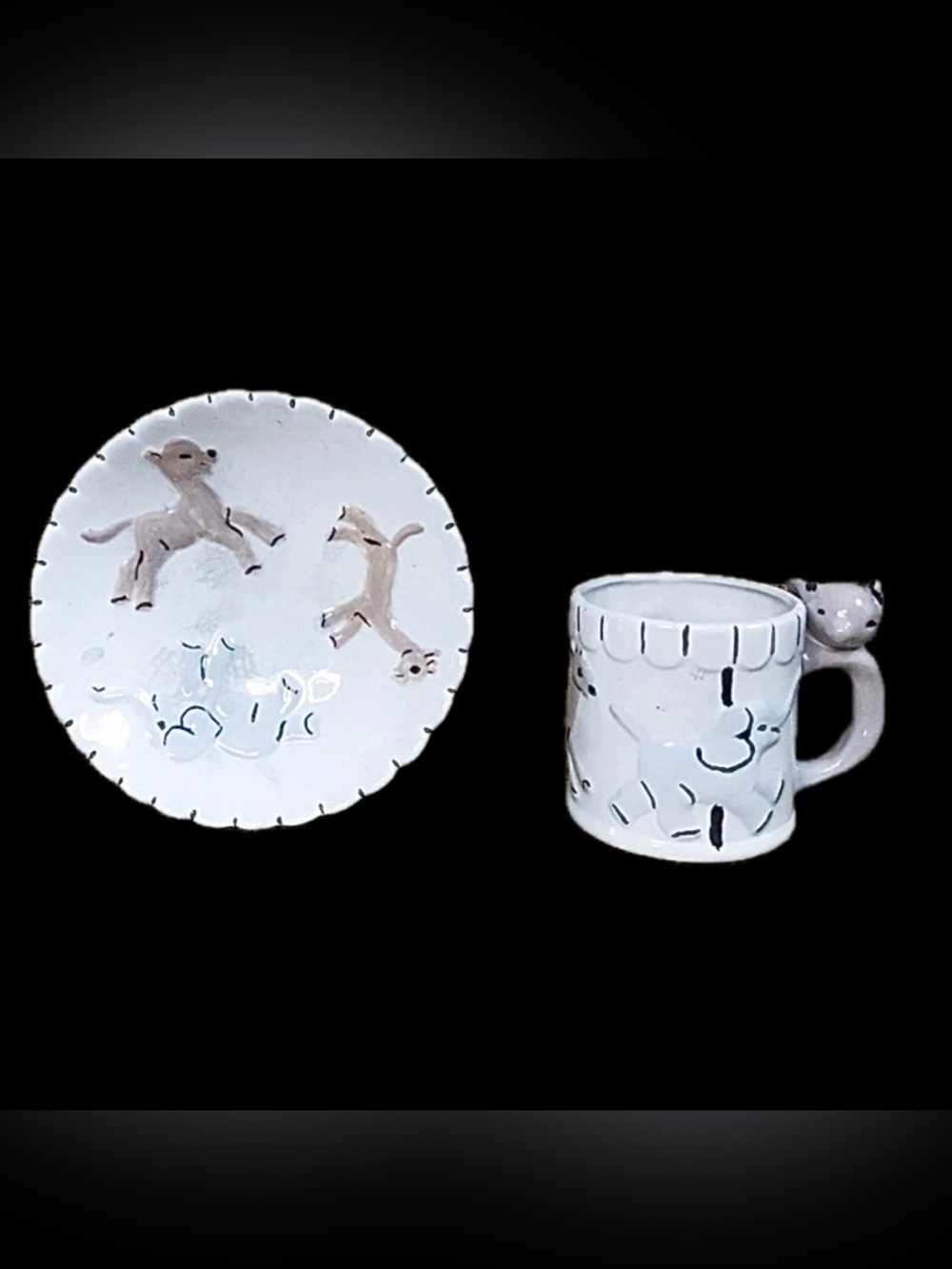 Vintage Handmade Ceramic Childrens Carousel Animals Mug Bowl Set Whimsical Fun